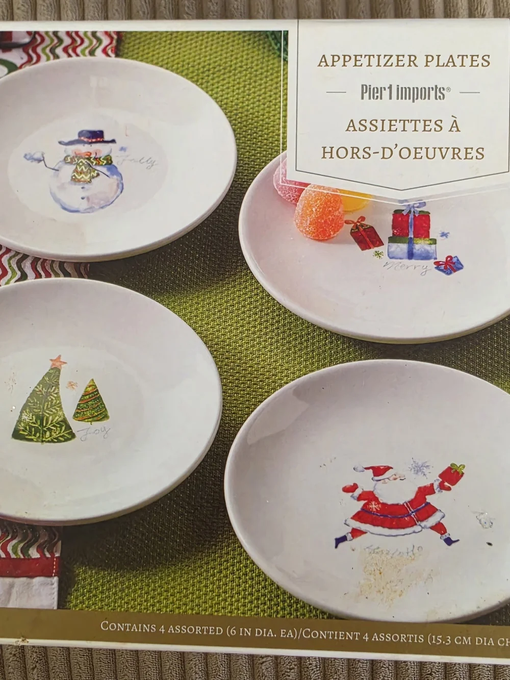Pier 1 Holiday Appetizer Plates - White with Festive Prints (Set of 4)